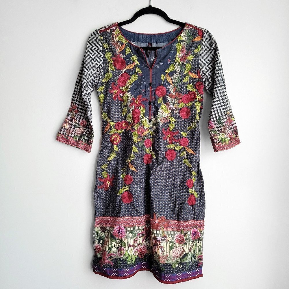 Ethnic By Outfitters Floral Printed & Embroidered Houndstooth Boho Tunic Kurta